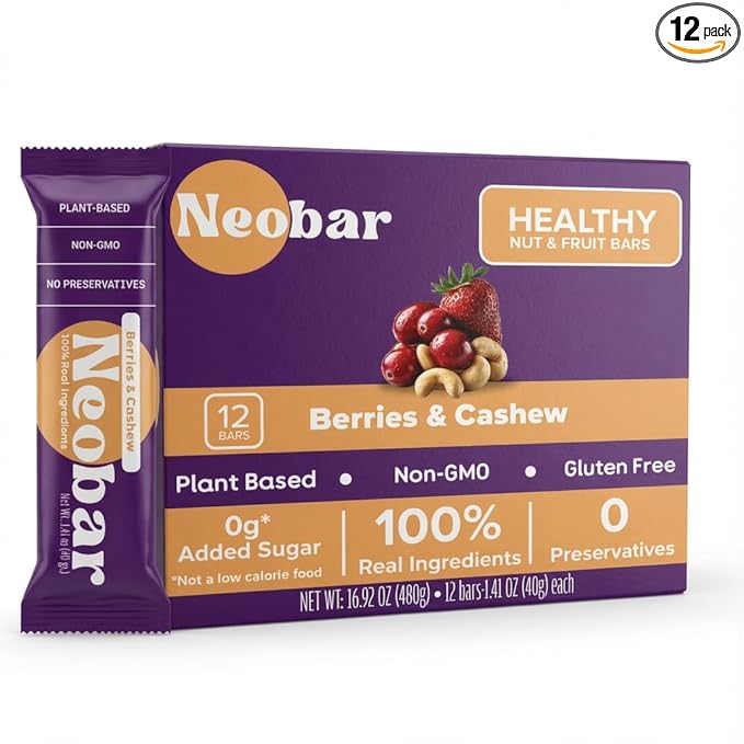 NEOBAR Fruit and Nut Bars - Plant-Based Vegan Snack Bars Gluten Free Dairy Free Snacks No Added Sugar No Preservatives Non-GMO | Berries &amp Cashew12 Count