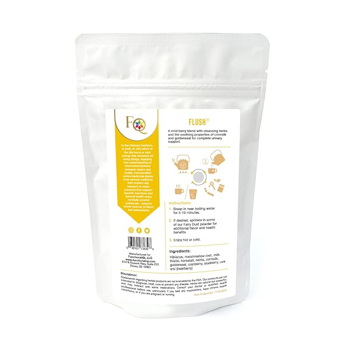 FunctionaliQi Flush Herbal Tea for Urinary Health - Marshmallow Root Milk Thistle Cornsilk and Goldenseal Hibiscus Blend with Nettles Cleansing Herbs and Cranberries (14 tea bags)