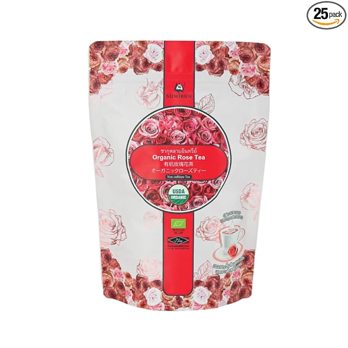 Suwirun Organic Rose Tea 25 Bags – 100% Pure Rose Petals – Delicate Floral Aroma Naturally Caffeine-Free – Relaxing Herbal Tea Enjoy Hot or Cold
