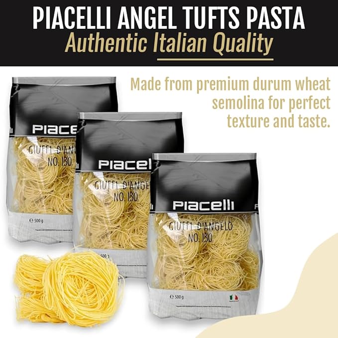 Piacelli Angel Tufts Pasta- Angel Pasta Made from Durum Wheat With Rich Taste &amp Silky Texture- Protein Noodles for Nutritious Italian Meals- Healthy Noodles Loved by Families for Everyday Cooking-