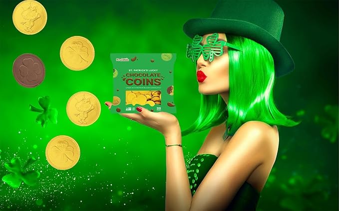 St. Patrick's Day 25 Chocolate Coins Gold Shamrock Coins Foils Belgian Milk Chocolate Clover Coins Resealable Bag Nut-Free (24 Bags)