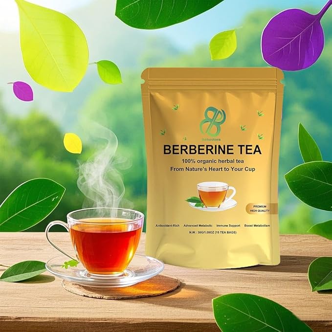 Behestora Berberine Tea is a caffeine-free - Herbal Detox Tea crafted with a blend berberine - cinnamon - turmeric - ginger - red rooibos - 15 Bags