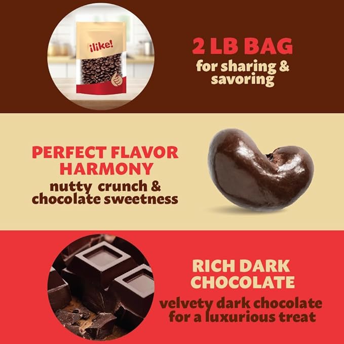 Dark Chocolate Covered Cashews 2-Pound Bag | Bulk Dark Chocolate Nuts | Coated Roasted Cashews for Snacking Gifting Office Candy Jars &amp Dessert Boards