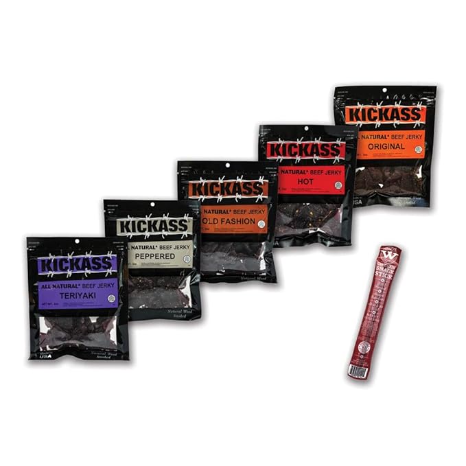 Kickass Beef Jerky Gift Baskets for Men - 5 Flavors in the Premium Beef Jerky Care Package - Father's Day Gifts for Men - Snack Packs - Gluten Free Keto Friendly - 1 Bonus - (5 Pack)