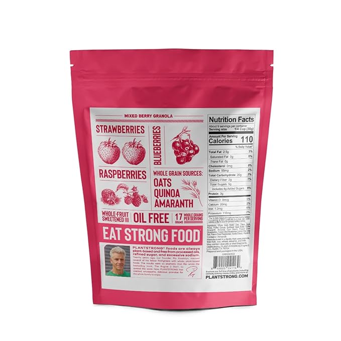PLANTSTRONG Crispy Mixed Berry Crumble Granola – Whole Grain Oil-Free Granola with Blueberries &amp Raspberries Sweetened Only with Dates Made from Whole Plants Crunchy Breakfast or Snack (4-Pack