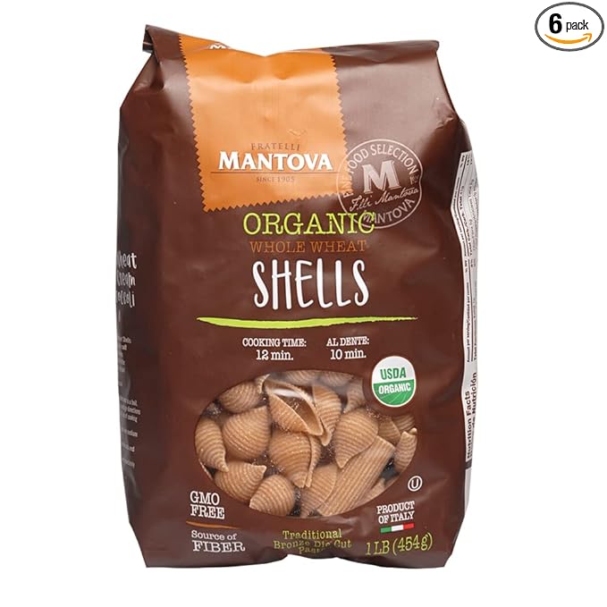 Mantova Whole Wheat Organic Italian Pasta Shells (Pack of 6) - Whole Wheat Pasta Made with All Organic Ingredients Non-GMO