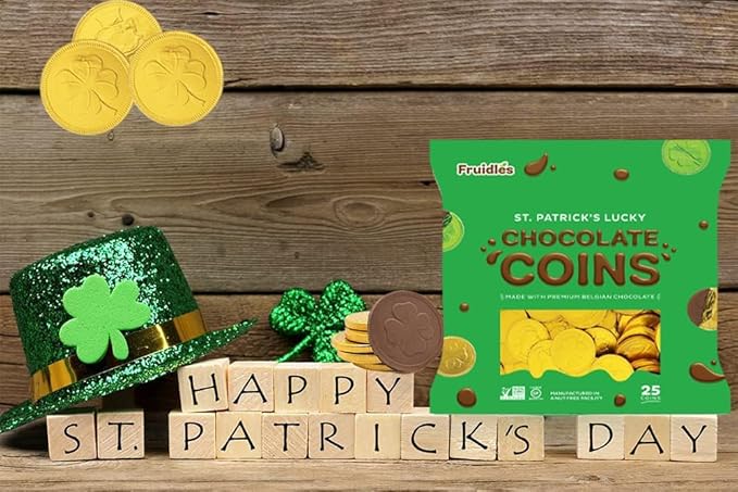 St. Patrick's Day 25 Chocolate Coins Gold Shamrock Coins Foils Belgian Milk Chocolate Clover Coins Resealable Bag Nut-Free (3 Bags)