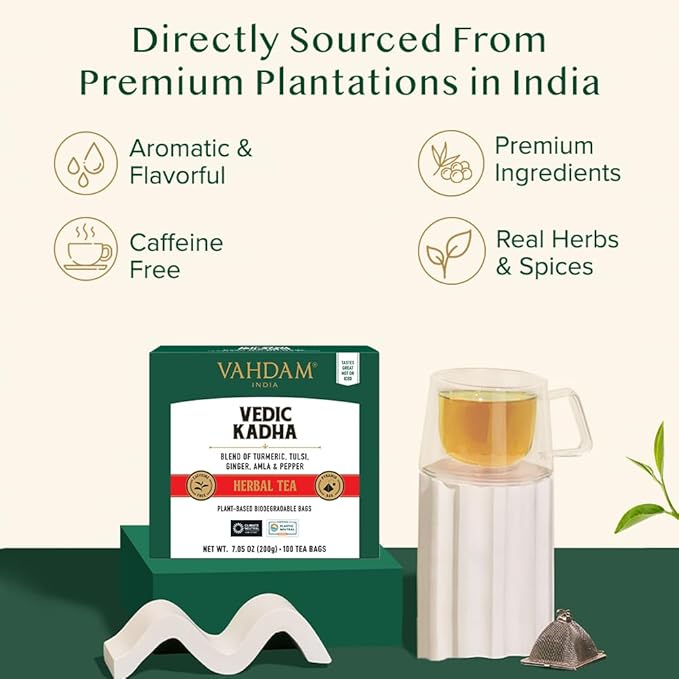 VAHDAM Vedic Kadha Herbal Tea Bags (100 Ct) Caffeine Free 100% Real Ingredients - Turmeric Black Pepper Amla Tulsi Ginger Cloves | Pure Herbal Tisane - Earthy Savory | Resealable Ziplock Pouch