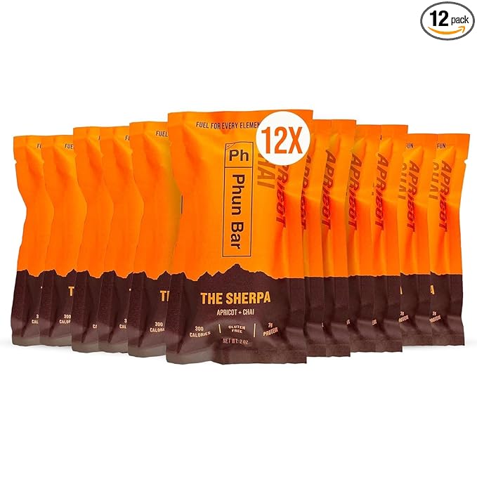 Phun Bar The Sherpa Energy Bars (Pack of 12) | Apricot + Chai | 7g Plant-Based Protein | Gluten-Free Sports Energy Bars for Hiking Trails &amp Outdoor Days
