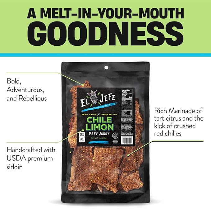 El Jefe Beef Jerky Chile Limon 7oz - Authentic Mexican Style Hispanic Slab Jerky Hand-Crafted in Small Batches for Bold and Zesty Snacking! (Pack of 2)