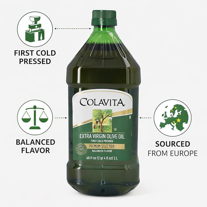 Premium Selection Extra Virgin Olive Oil 68 Oz - First Cold Pressed Ideal for Roasting Baking Dressings - Imported from Italy by Colavita