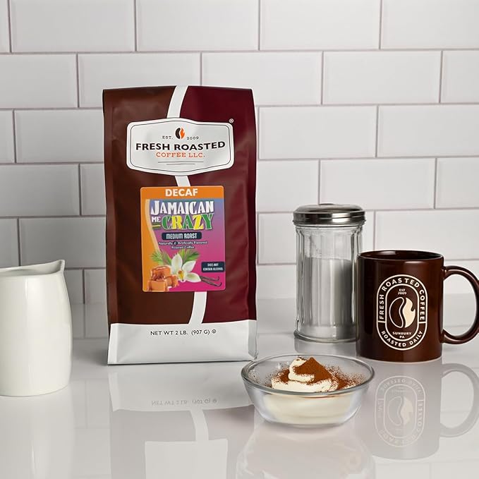 Fresh Roasted Coffee Decaf Jamaican Me Crazy Flavored Coffee 2 lb (32 oz) Medium Roast Kosher Ground