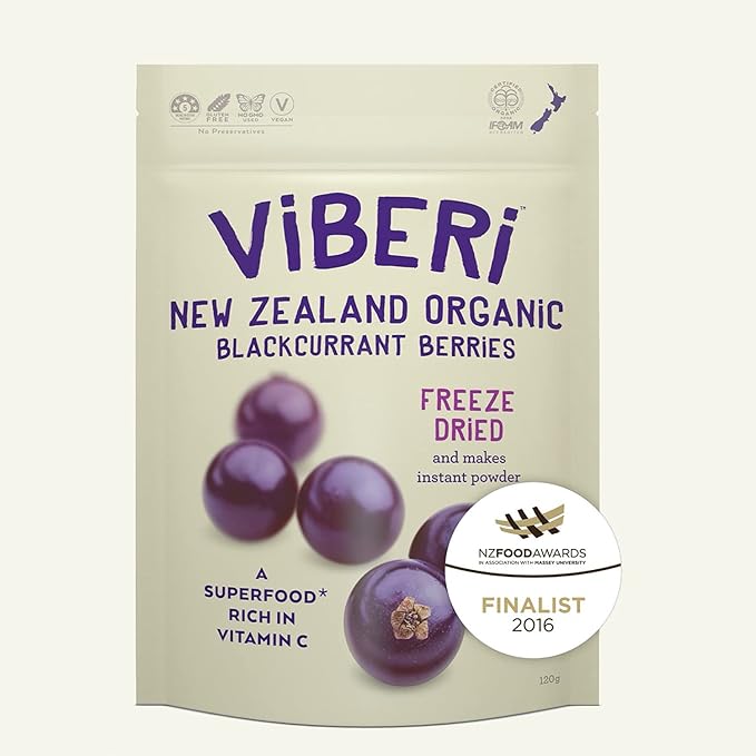 ViBERi Freeze-Dried Organic Blackcurrants 120 g | 100% NZ-Grown Superfruit Berries Natural Vitamin C &amp Anthocyanins Vegan • Non-GMO • No Added Sugar