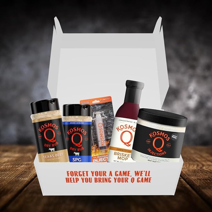 Kosmos Q BBQ Brisket Box Gift Set for Men or Dads Includes Texas Beef Rub SPG Rub Brisket Mop Moisture Magic &amp 1oz Injector Seasoning for Beef Steak &amp More