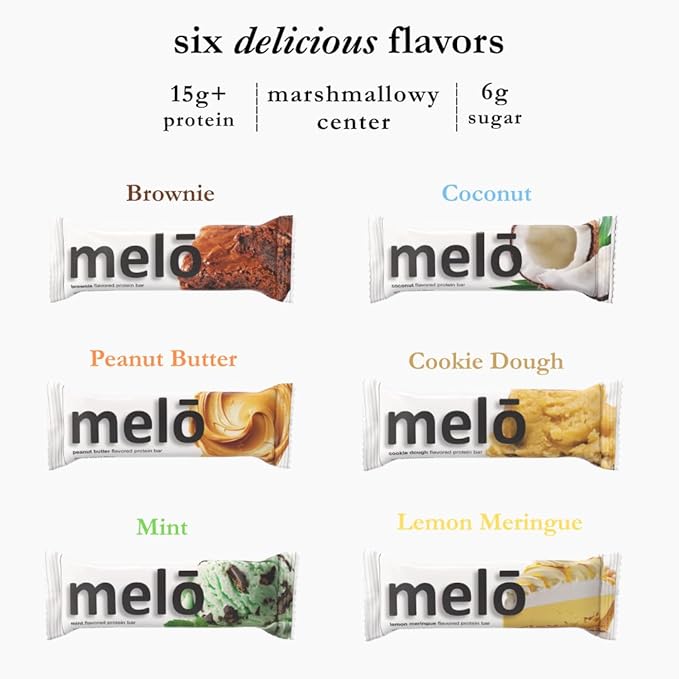 melō protein bars (12 count Brownie)- high protein low sugar fluffy marshmallow-like center gluten free snack with no artificial sweeteners