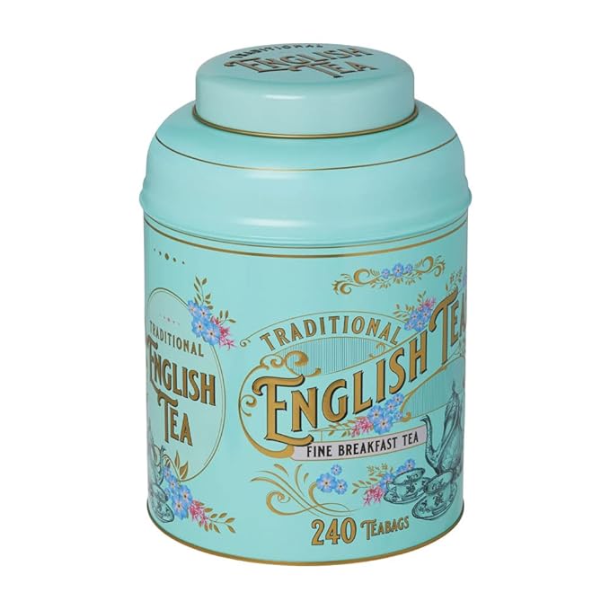 New English Teas Vintage Victorian Tea Tin with 240 English Breakfast Teabags for Tea Lovers Forget Me Not Florals &amp Classic Tea Set Design