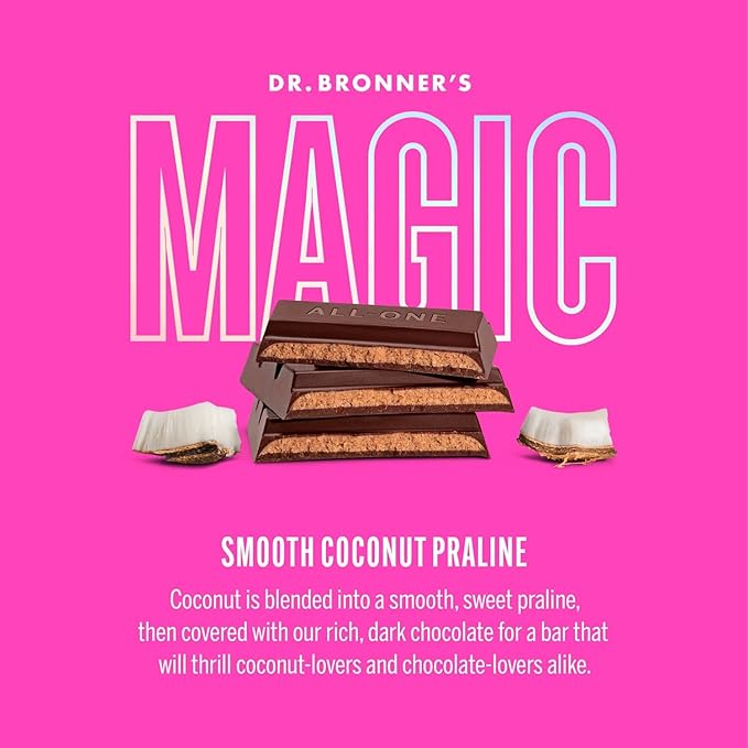 Dr. Bronner's - Magic All-One Chocolate Smooth Coconut Praline Bar—Certified Organic &amp Fair Trade 70% Cocoa No Added Salt Vegan Coconut-Sugar Sweetened &amp Perfectly Balanced | 6 Count