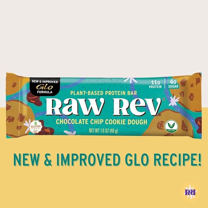 Raw Rev Vegan Protein Bars- Chocolate Chip Cookie Dough 12 bars Non-GMO Plastic-Neutral Nothing Artificial Glo Formula Gluten-Free Keto-Friendly Paleo Kosher No Sugar Alcohols No Stevia.
