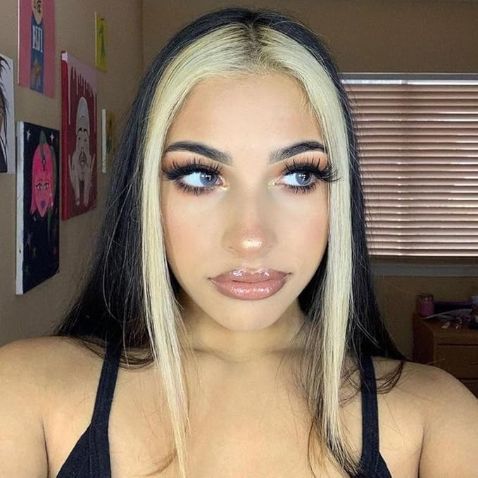 Highlight Blonde Wig 13x6 Lace Frontal Stripe Wig Natural Black with 27 Honey Blonde Color Highlight Straight Hair Lace Front Wigs 28 Inch