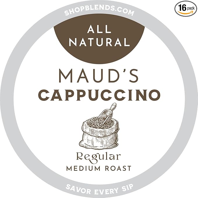Maud's Classic Cappuccino Coffee Pods (Medium Dark Roast) 16ct. Solar Energy Produced Recyclable Single Serve 1 Step Cappuccino Pods 100% Arabica Coffee Milk and Sugar Included KCup Compatible