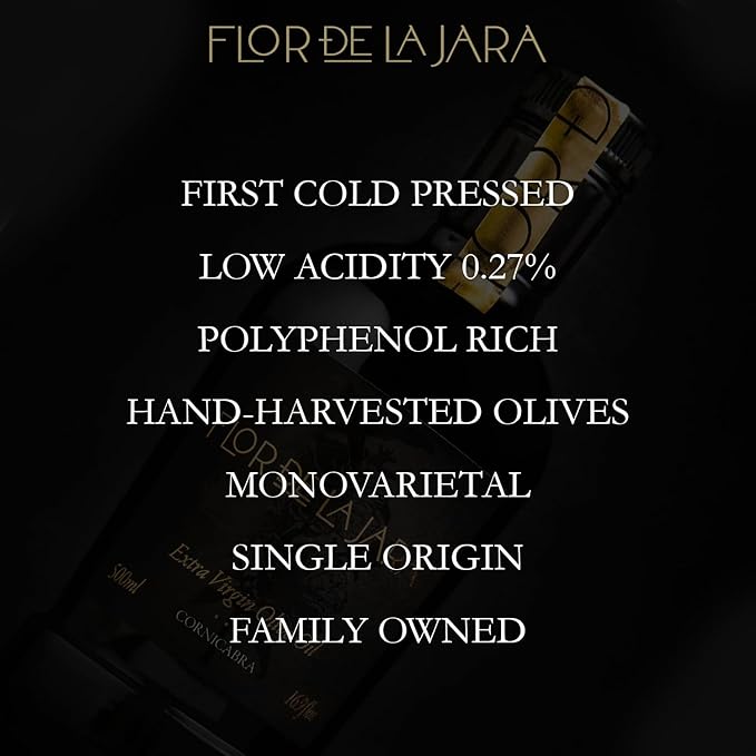 FLOR DE LA JARA Premium Extra Virgin Olive Oil from Spain First Cold Pressed Polyphenol-Rich Monovarietal Cornicabra Hand-Harvested Olives Family-Owned Grove Low Acidity (0.27%) 16.9 fl oz (500