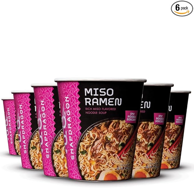 Snapdragon Miso Ramen Cup Noodles - 6 Pack Instant Ramen Bowl with Authentic Wheat Noodles Soup Sauce Base Vege Pack and Flavoring Chili Oil. Microwave or Hot Water Easy Meal Prep