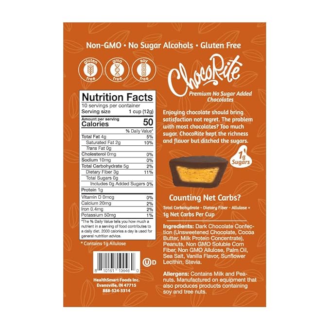ChocoRite Dark Chocolate Peanut Butter Cups | No Added Sugar | Gluten Free Soy Free Non-GMO | No Sugar Alcohols | Pack of 6 Pouches