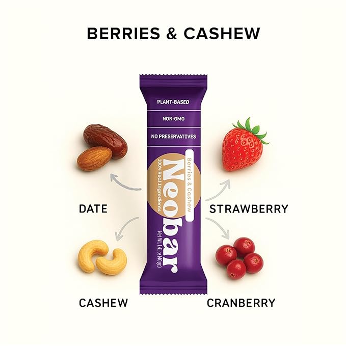 NEOBAR Fruit and Nut Bars - Plant-Based Vegan Snack Bars Gluten Free Dairy Free Snacks No Added Sugar No Preservatives Non-GMO | Berries &amp Cashew12 Count