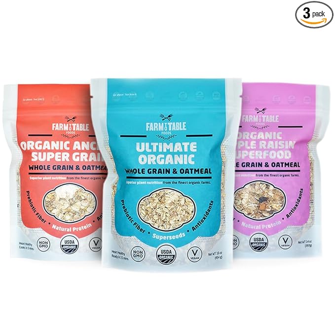 Farm to Table Foods Organic Oatmeal Variety Pack – High-Protein Plant-Based Unsweetened Non-GMO – 3-Pack (Apple Raisin Whole Grain Ultimate Organic)