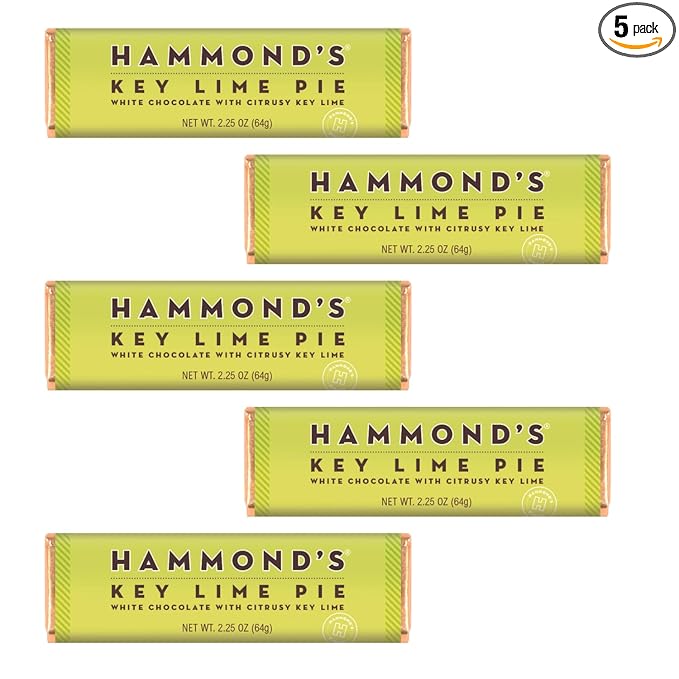 Hammond's Candies Gourmet Chocolate Candy Bars – Key Lime Pie | Sweet White Chocolate with a Citrus Lime Twist Citrus Chocolate Bar Certified Kosher Handcrafted in the USA | Pack of 5