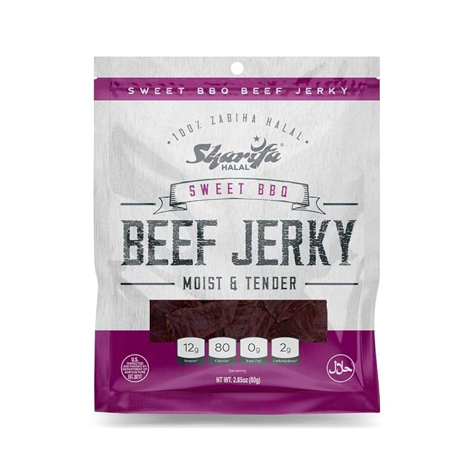 Sharifa Halal Beef Jerky Sweet BBQ (10 Pack) Each Bag 2.85 oz – Great Everyday Halal Jerky Beef Meat Snack 100 % Real Zabiha Halal Beef 12g of Protein 80 Calories 0g Trans Fat &amp 2g of Carbo