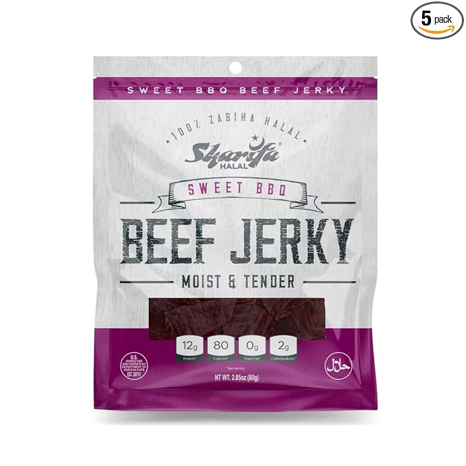 Sharifa Halal Beef Jerky Sweet BBQ (5 Pack) Each Bag 2.85 oz – Great Everyday Halal Jerky Beef Meat Snack 100 % Real Zabiha Halal Beef 12g of Protein 80 Calories 0g Trans Fat &amp 2g of Carboh