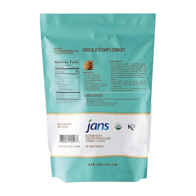 Jans Organic Coconut Flour (1.1 lb Pack of 12) Certified Organic Gluten-Free Keto Paleo Vegan Friendly Multi Purpose Flour Alternative High Fiber