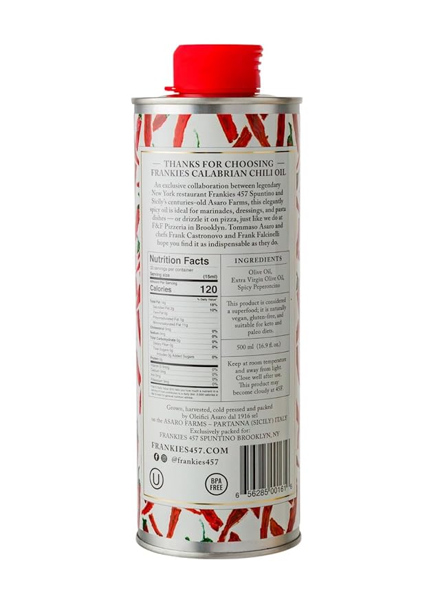 Frankies 457 Spicy Calabrian Chili Oil - Premium Extra Virgin Olive Oil and Italian chilis - Harvested in Sicily - Rich in Flavor and Italian Tradition 16.9oz (500ml)