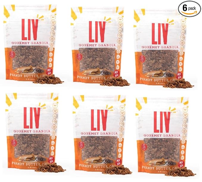 Liv Gourmet Peanut Butter Cacao Granola - 8oz (Pack of 6) | Healthy Nutrient-Dense Snack Breakfast Cereal | 1:1 Nut-to-Oat Ratio | Non-GMO Low Sugar Vegan | Organic Oats No Artificial Ingredients