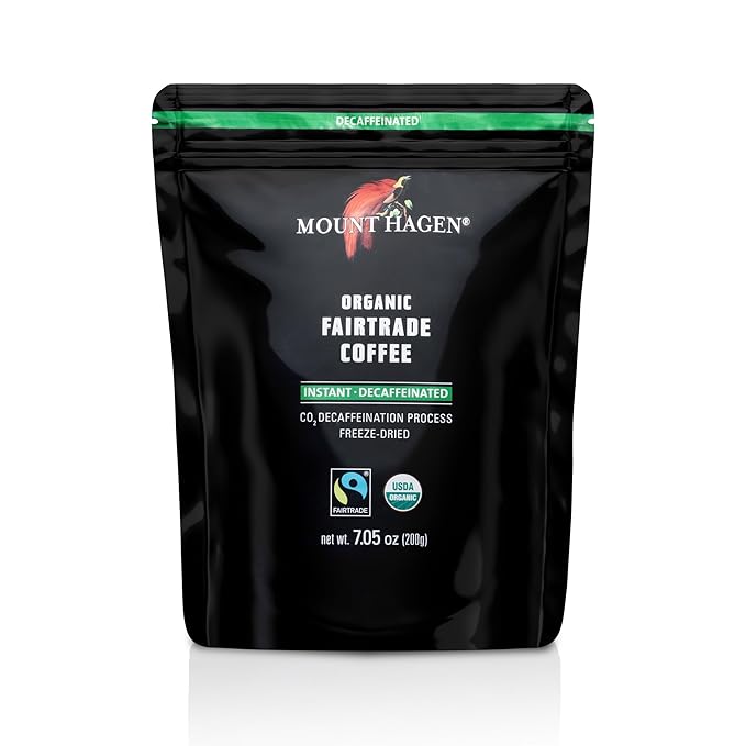 Mount Hagen 7.05oz Organic Freeze Dried Instant Decaf Coffee - 5 Pack | Organic Medium Roast Arabica Beans | Fair-Trade Eco-friendly in Resealable Pouch Bag [5x7.05oz]