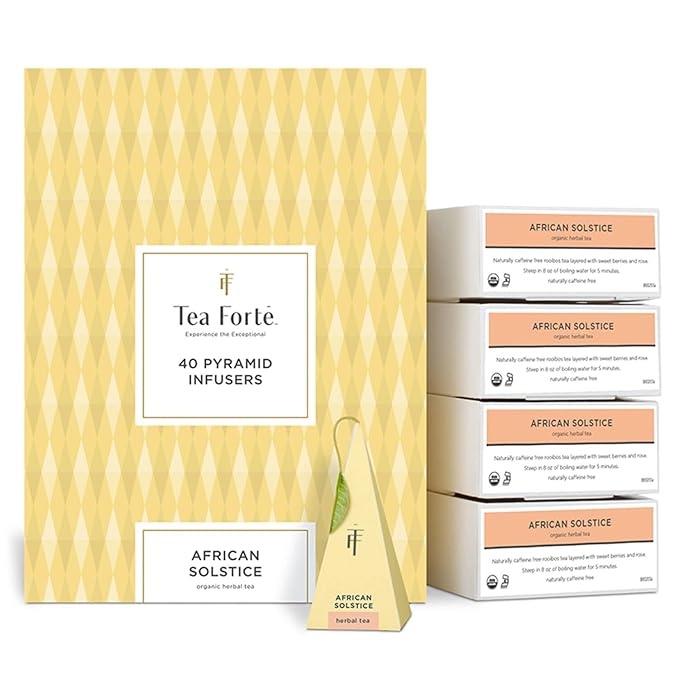 Tea Forte African Solstice Premium Caffeine-Free Herbal Tea Blend Event Box Bulk Pack 40 Count 10 per tray Individually Wrapped Handcrafted Pyramid Infusers