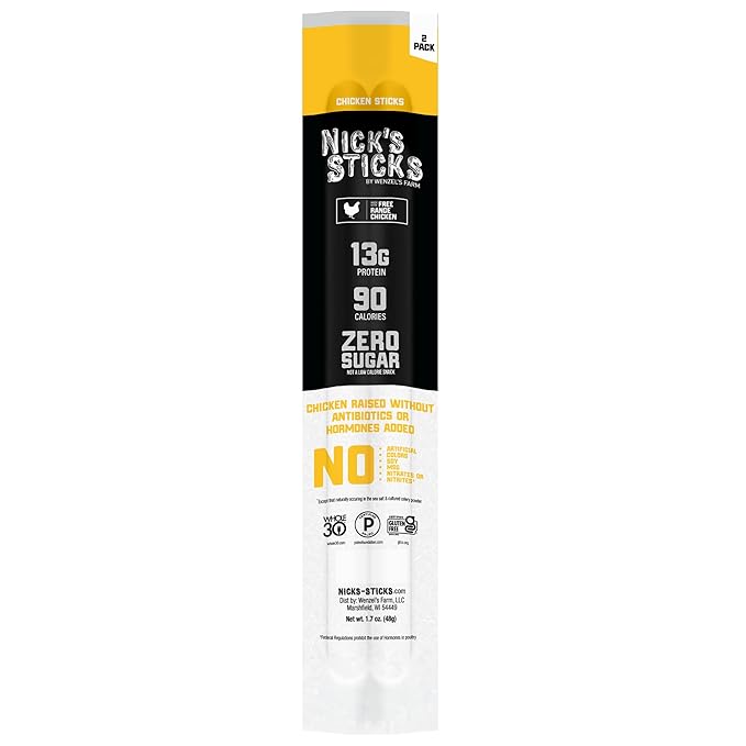 Nick's Sticks Free Range Clean &amp Balanced Chicken Snack Sticks | Made in the USA | Gluten Free | Paleo Keto Whole30 Approved | No Soy Antibiotics or Hormones (25-1.7oz. Packages of 2 Sticks)