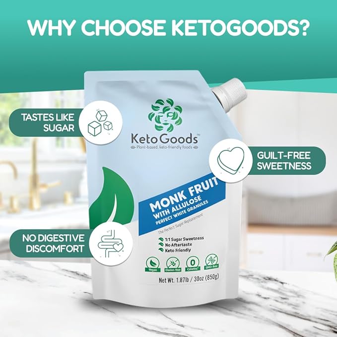 Keto Goods Monk fruit Sweetener with Allulose - White Sugar Substitute with 1:1 Sugar Sweetness No Erythritol - Ideal for Baking - Perfect White Allulose Granules - Keto Friendly Zero Calorie Sweetene