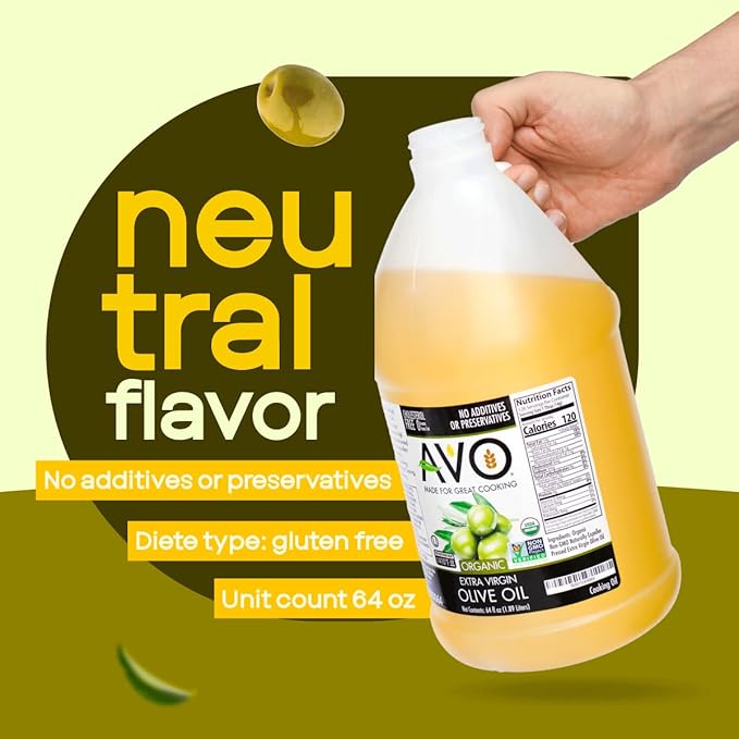 AVO Organic Olive Oil Extra Virgin Cold Pressed 64 Fl-oz (Half Gallon) NO preservatives added High Smoke Point 410°F Oil Cooking