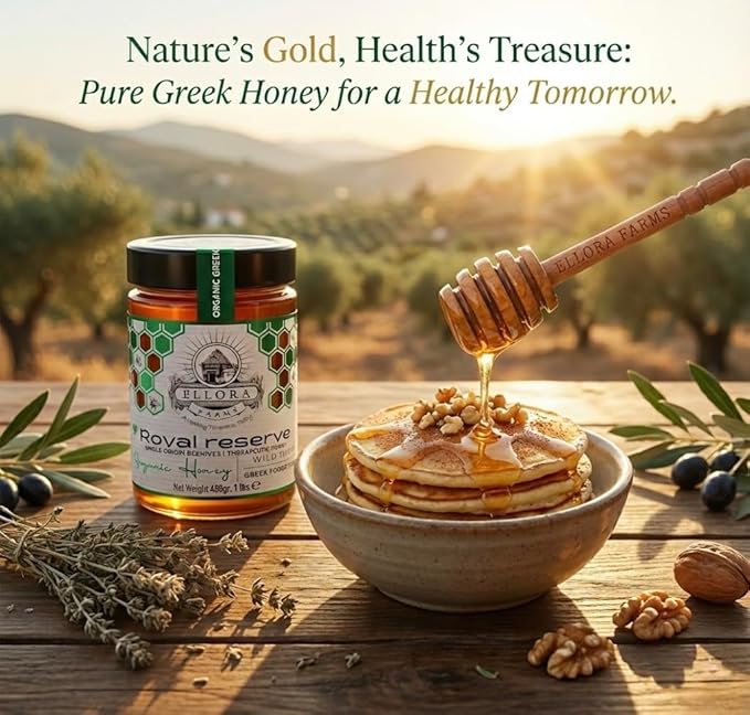 Ellora Farms Organic &amp PDO Raw Greek Honey Bundle – Wild Thyme &amp Pine+Thyme Raw Unfiltered Gift Pack - 2×450g