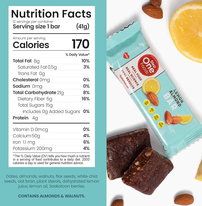 Step One Foods Lemon Almond Bar Heart Healthy Snack Plant Sterols Omega 3's High Fiber Snack Gluten &amp Dairy Free Vegan Zero Sodium Granola Bars (12 Pack)