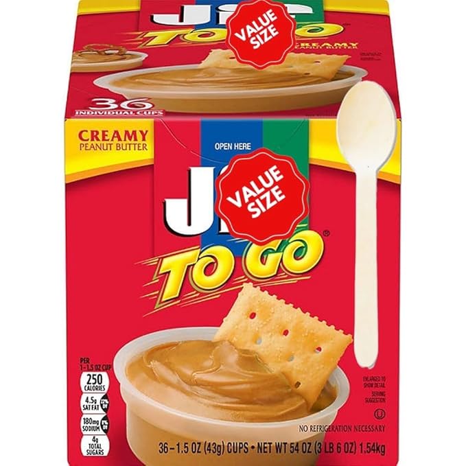 Jiff To-Go Creamy Peanut Butter Individual Cups with Spoons 36 Count Travel Size Snack Pack