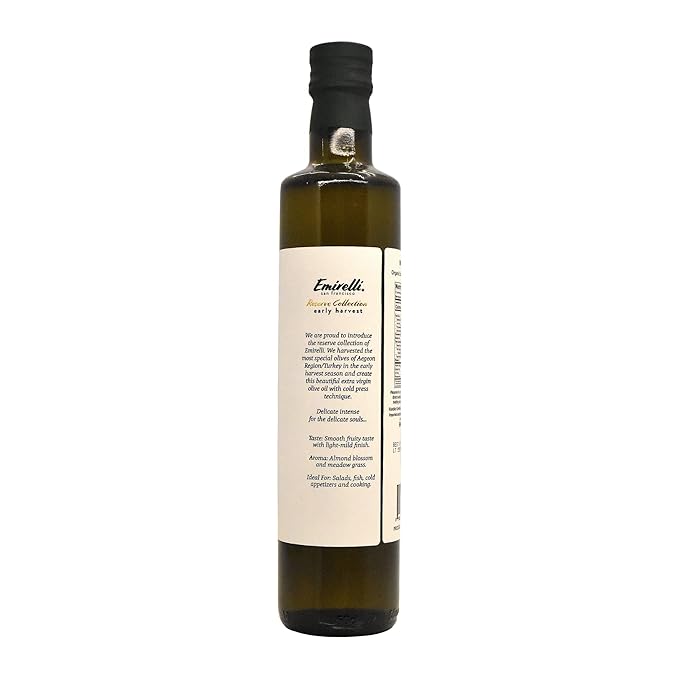 Emirelli Organic Extra Virgin Olive Oil - USDA Certified Rich in Polyphenols First Cold Pressed - Early Harvest Smooth Intense and Delicate Flavor - Glass Bottle 16.9 Fl Oz (Organic Delicate Inte