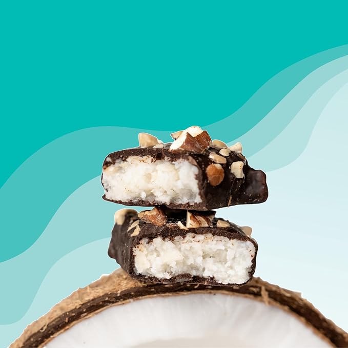 JOJO's Dark Chocolate Coconut Filled Bites with Almonds 3.6oz (4 count) Gluten-Free Non-GMO Vegan Lactose Free More Protein Less Sugar