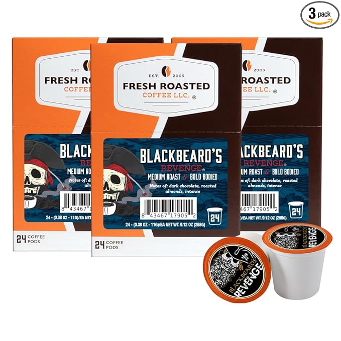 Fresh Roasted Coffee Blackbeard's Revenge Medium Roast 72 Pods for K Cup Brewers