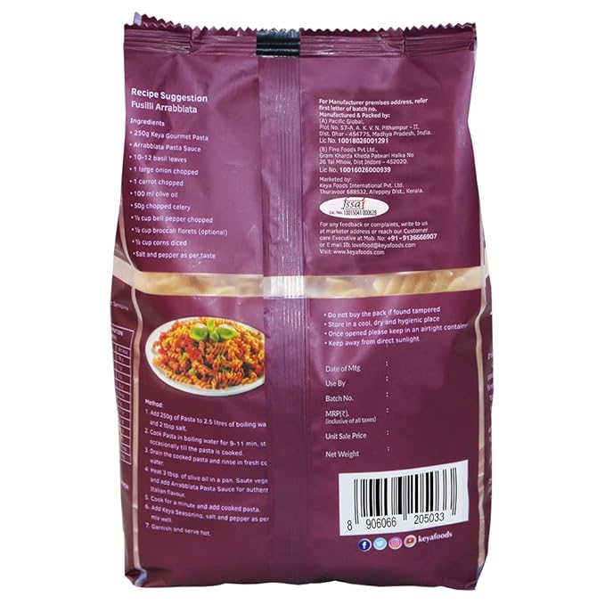 Keya Fusilli Pasta 1kg 100% Durum Wheat Pasta Vegetarian No MSG Low in Calories No Trans Fats Healthy Cooked in 10 Minutes