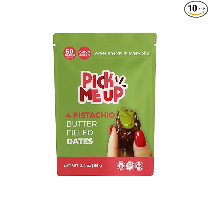 Pick Me Up Snacks – Organic Medjool Dates Pitted and Filled with Creamy Pistachio Butter – 4 Dates per 2.4 oz Pack – Vegan Gluten-Free No Added Sugar – Healthy On-the-Go Energy Snack – Pack of 10 p