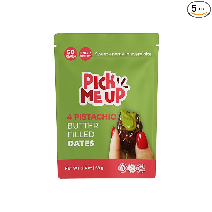 Pick Me Up Snacks – Organic Medjool Dates Pitted and Filled with Creamy Pistachio Butter – 4 Dates per 2.4 oz Pack – Vegan Gluten-Free No Added Sugar – Healthy On-the-Go Energy Snack – Pack of 5 po