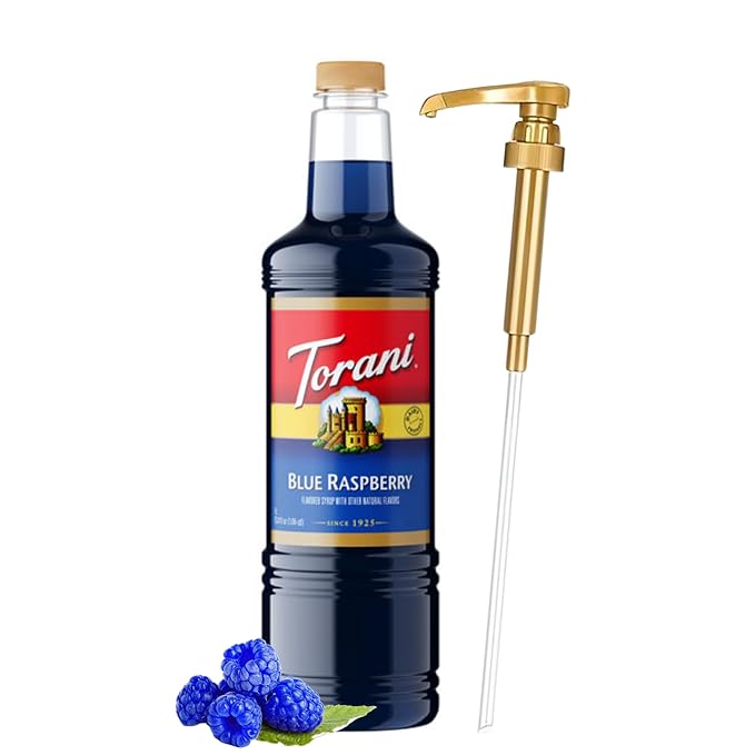 Torani Blue Raspberry Syrup 1 Liter Bottle with Pump Dispenser – Flavored Syrup with Pure Cane Sugar &amp Natural Ingredients – Perfect for Snow Cones Shakes Cocktails &amp Desserts